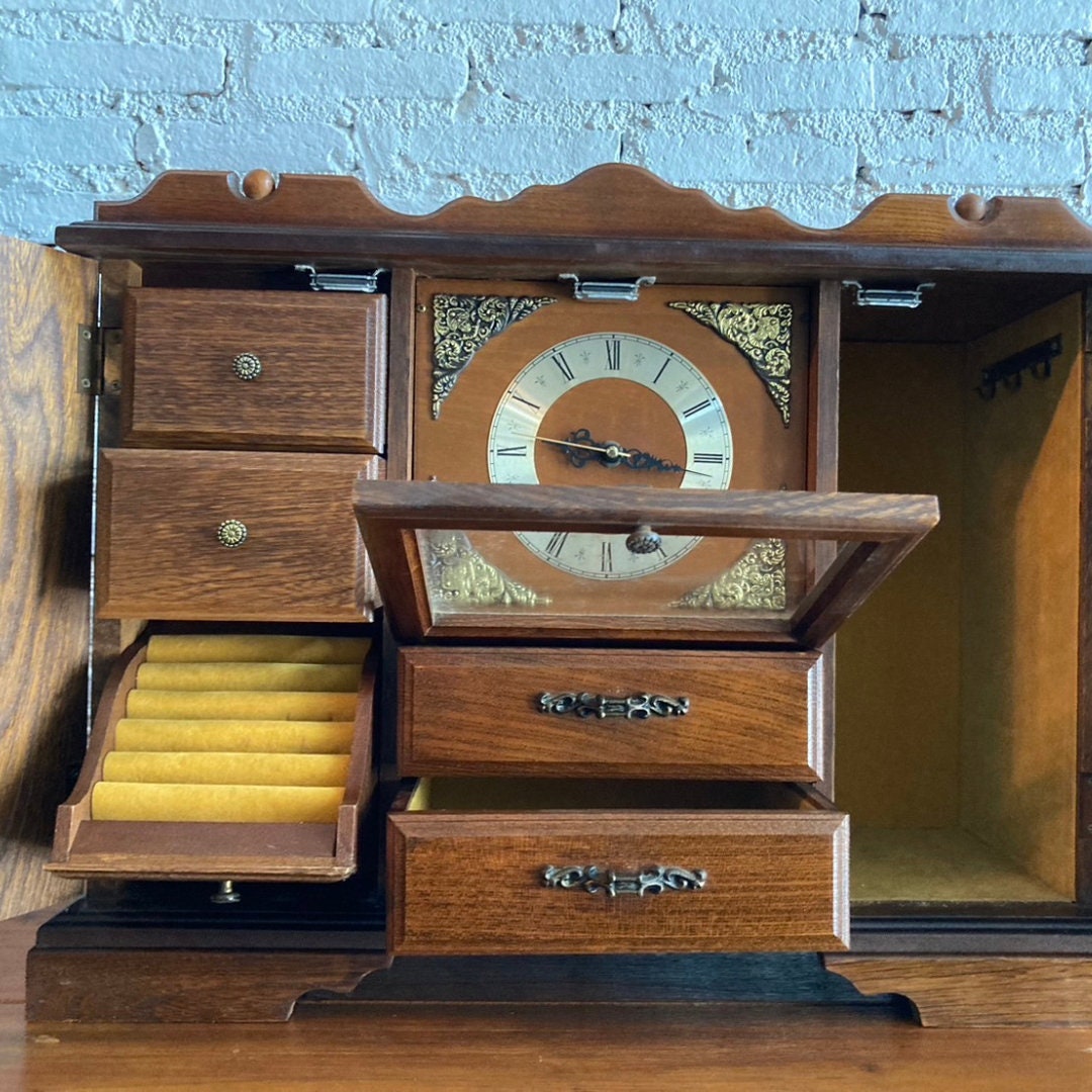 Antique Table Clock Jewelry Box Wooden Storage Case Jewelry Holder.