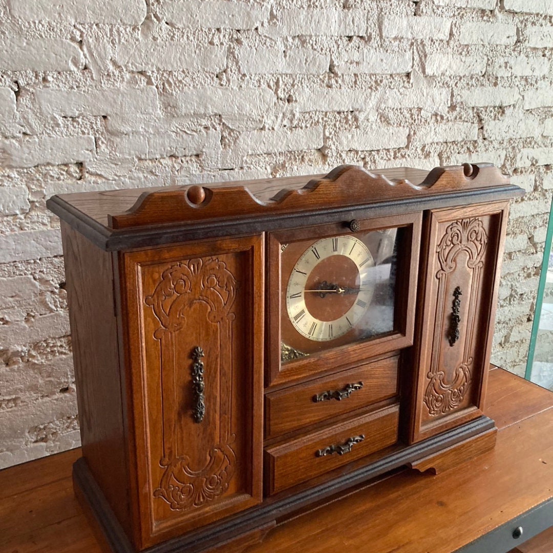 Antique Table Clock Jewelry Box Wooden Storage Case Jewelry Holder.