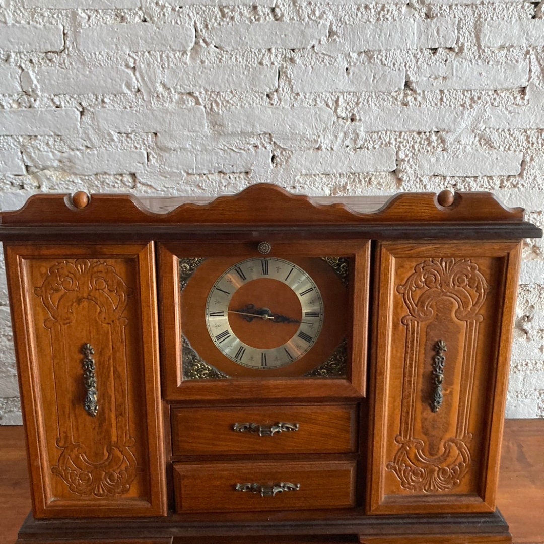 Antique Table Clock Jewelry Box Wooden Storage Case Jewelry Holder.