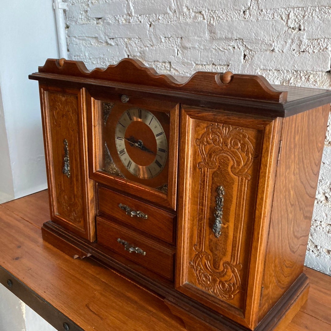 Antique Table Clock Jewelry Box Wooden Storage Case Jewelry Holder.